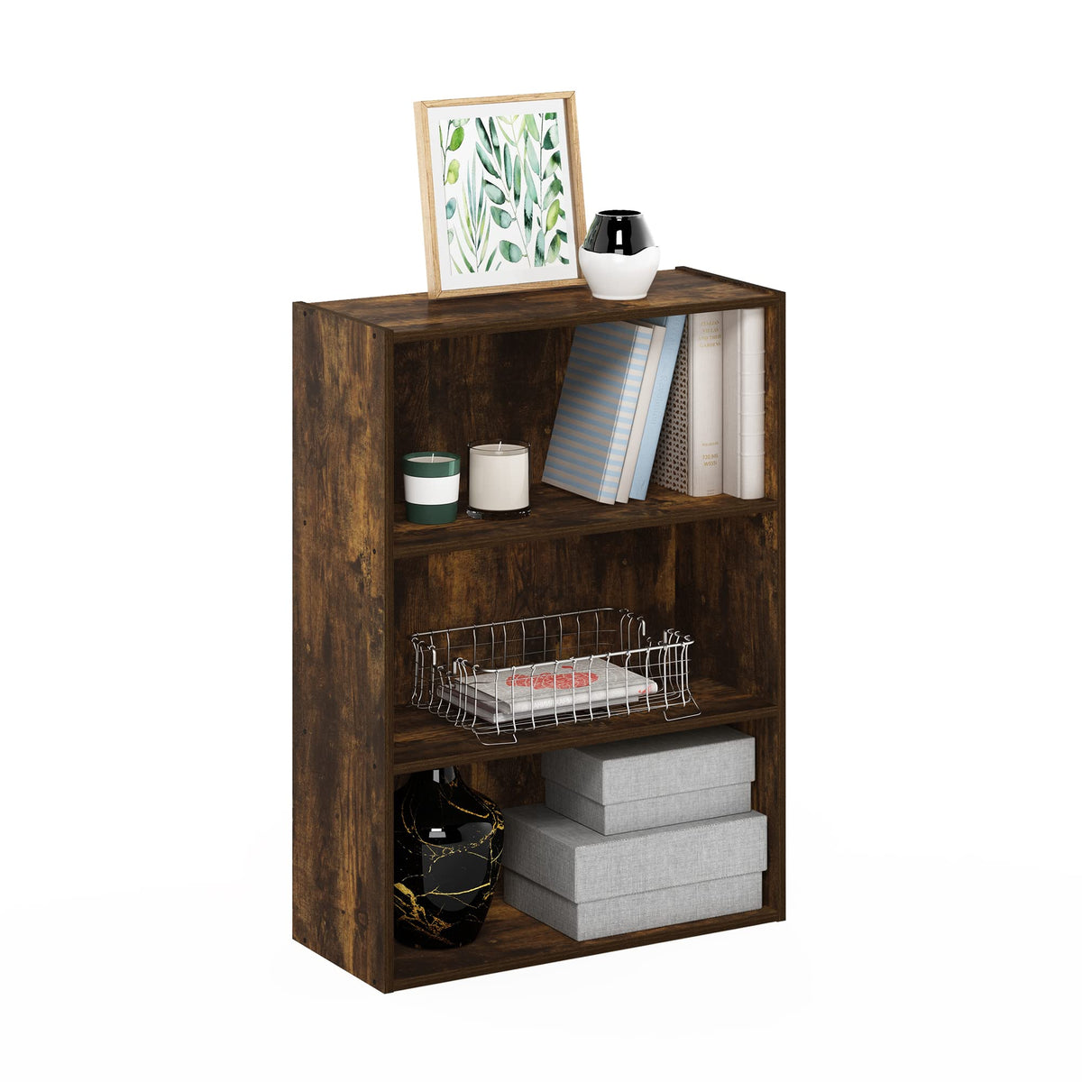 Furinno Pasir 3-tier bookcase with amber pine finish and open shelves.