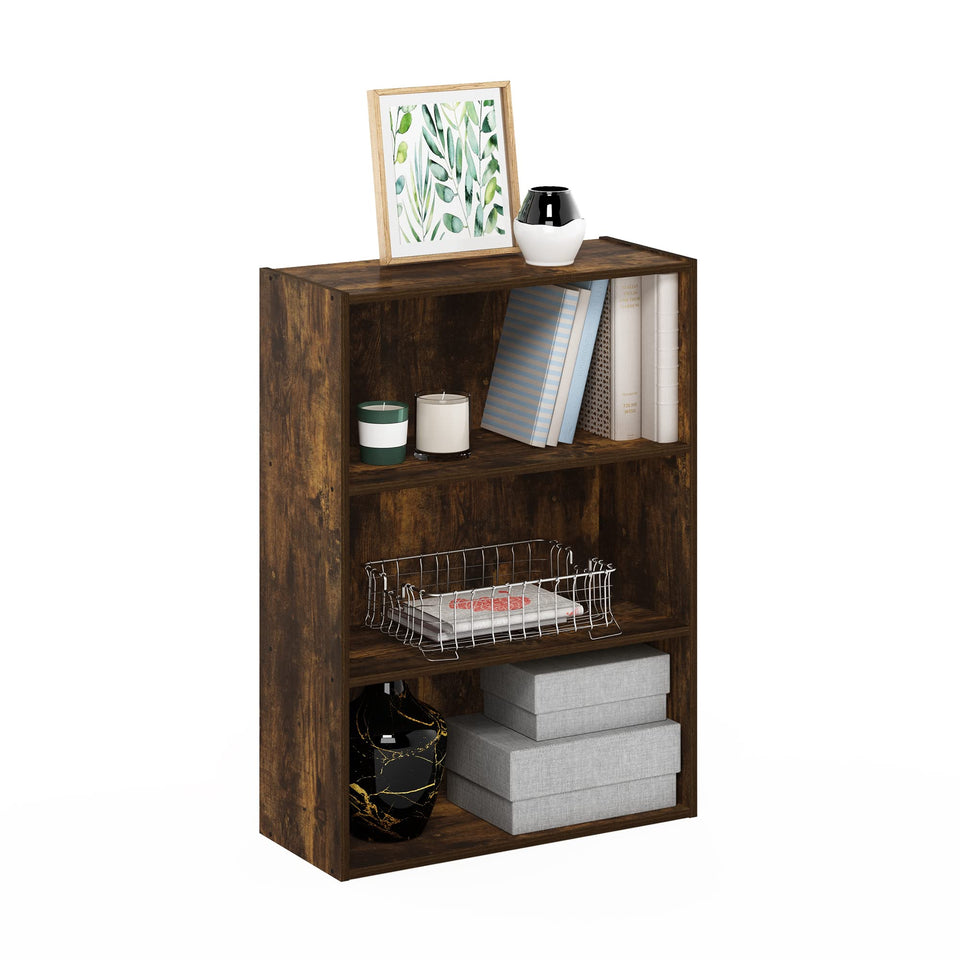 Furinno Pasir 3-tier bookcase with amber pine finish and open shelves.