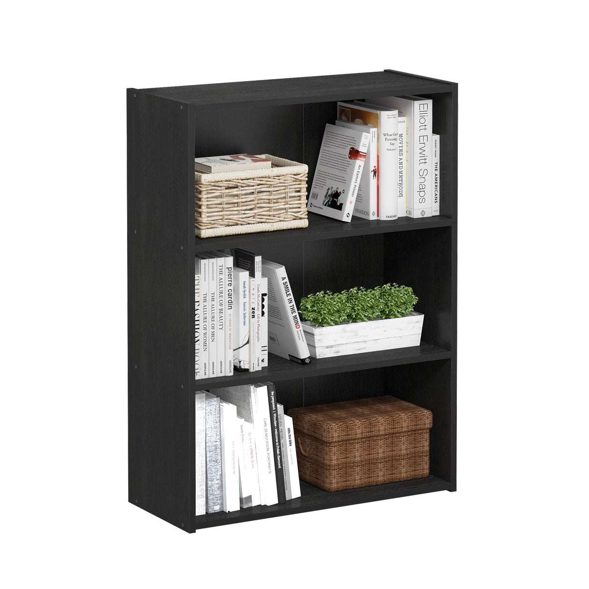 Furinno Pasir 3-tier bookshelf front view showing organized storage