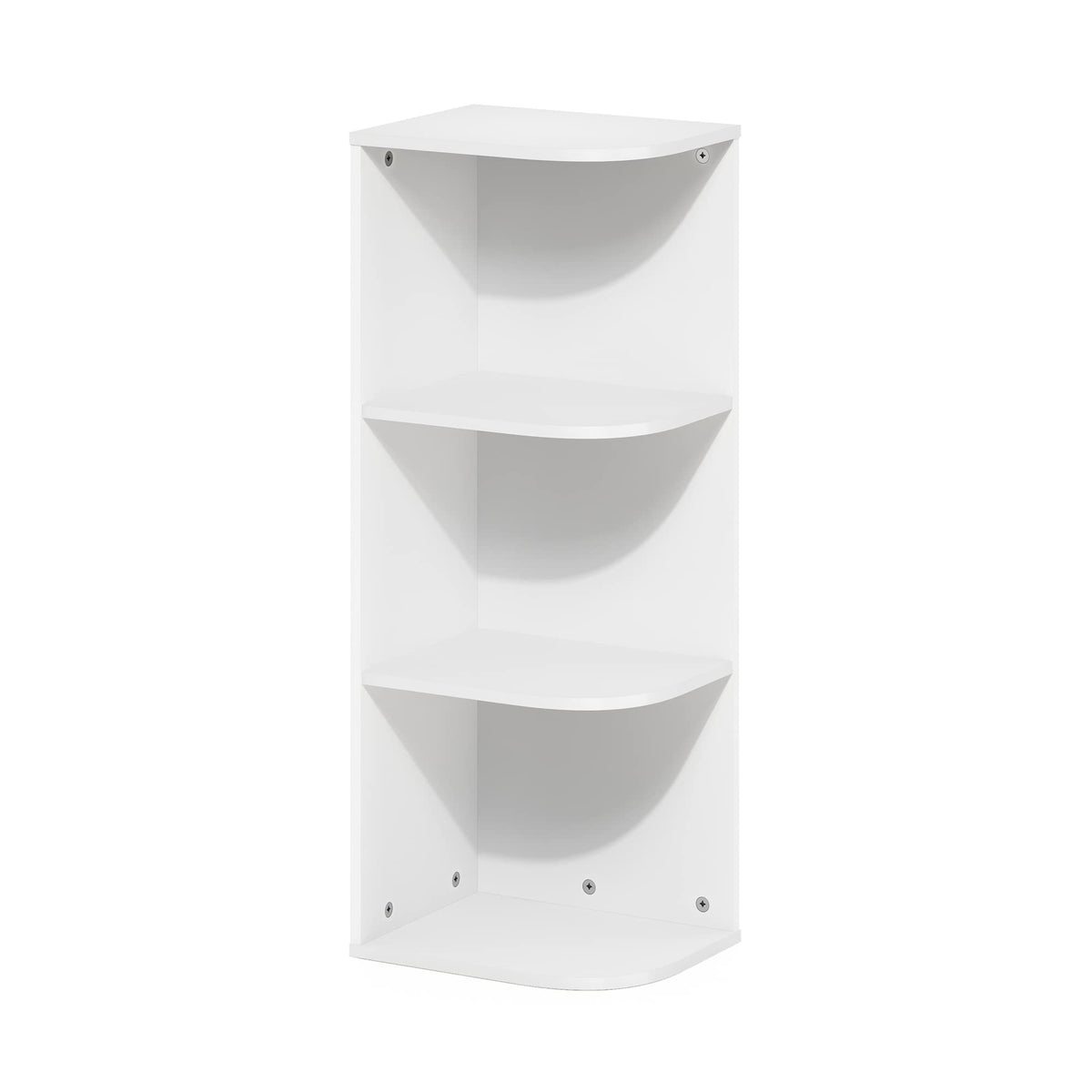 Furinno Pasir 3-tier corner shelf in white saving space in a living room.