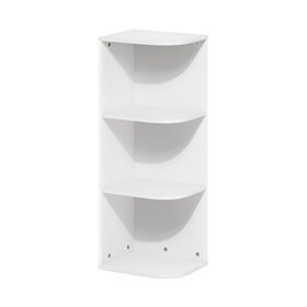Furinno Pasir 3-tier corner shelf in white saving space in a living room.