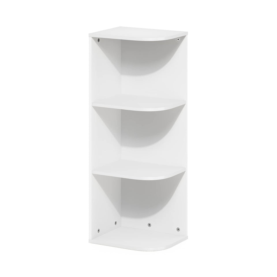 Furinno Pasir 3-tier corner shelf in white saving space in a living room.