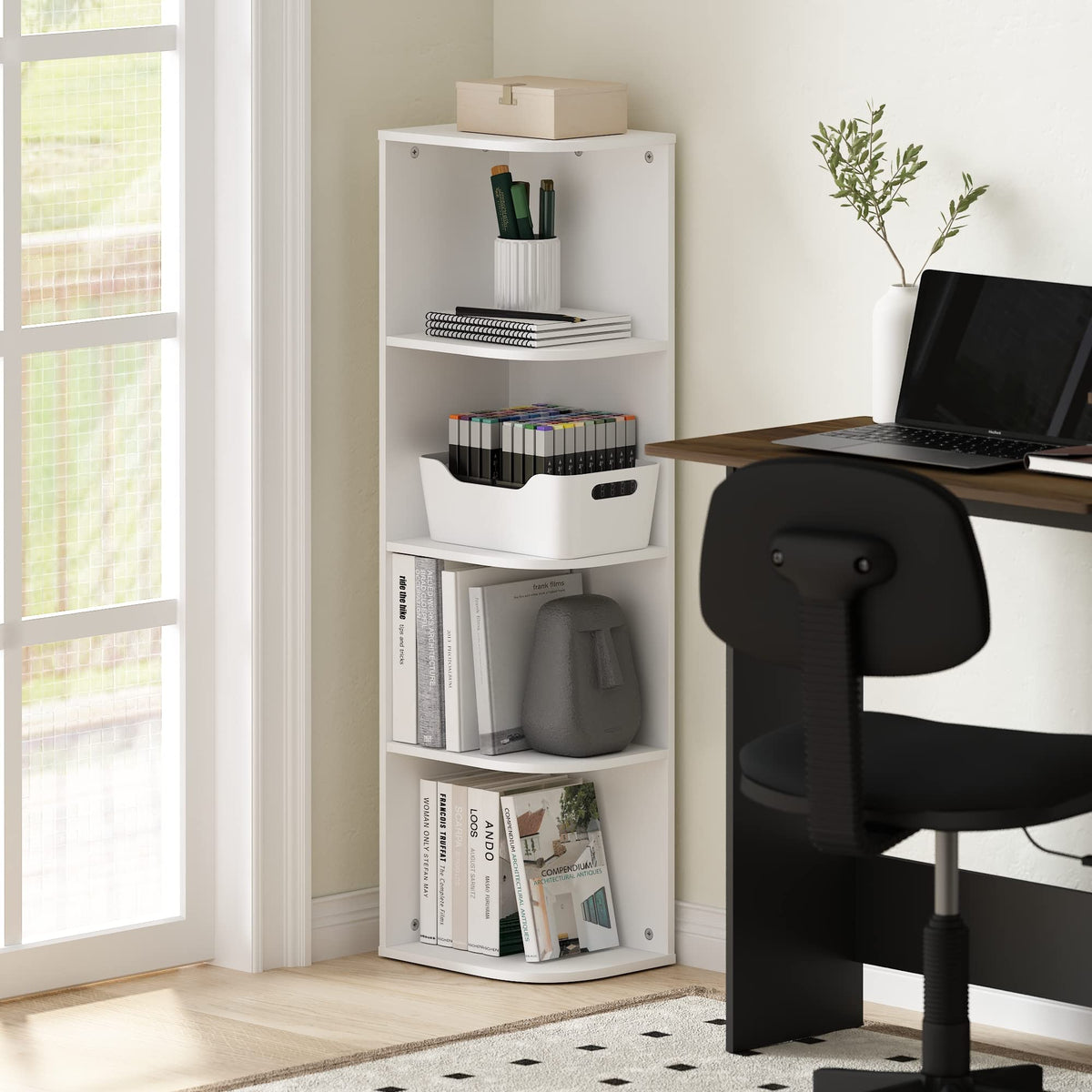 Furinno Pasir corner shelf front angle demonstrates accessible open shelves for books and decor