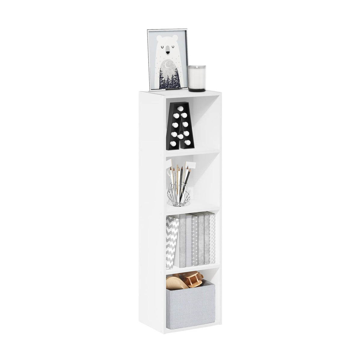 Furinno PASIR 4-tier open white bookshelf, ideal for compact spaces.