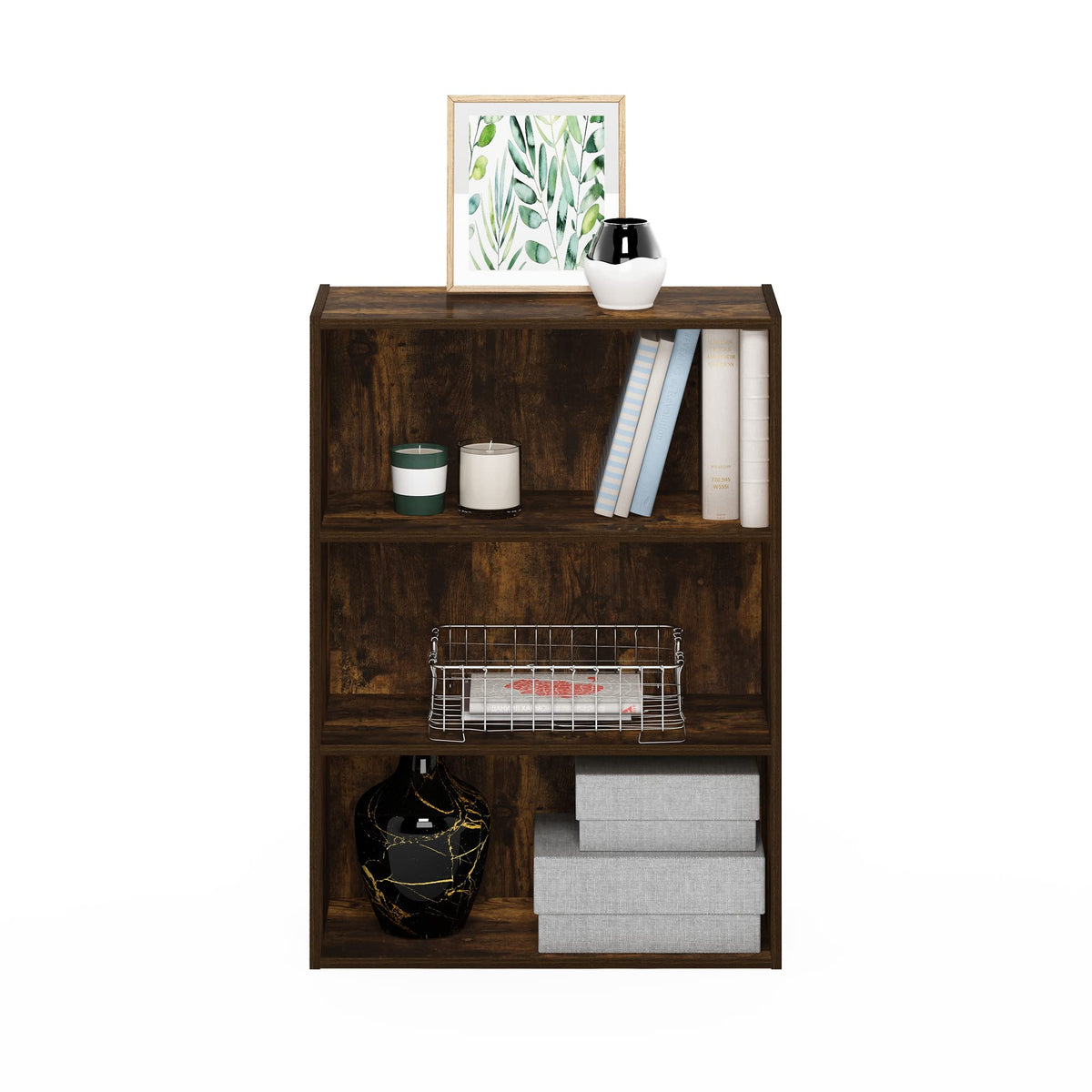 Furinno Pasir 3-tier unit with sturdy back panel for item stability.