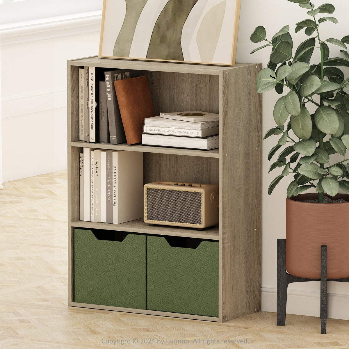 Furinno PASIR wide bookcase shelves for organized living room storage.