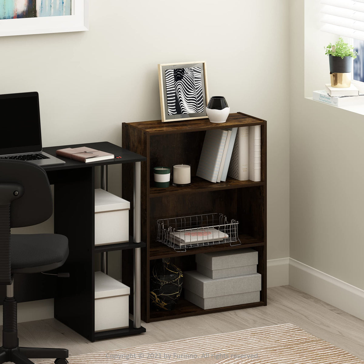Furinno Pasir amber pine shelf showing wide storage for books and decor.