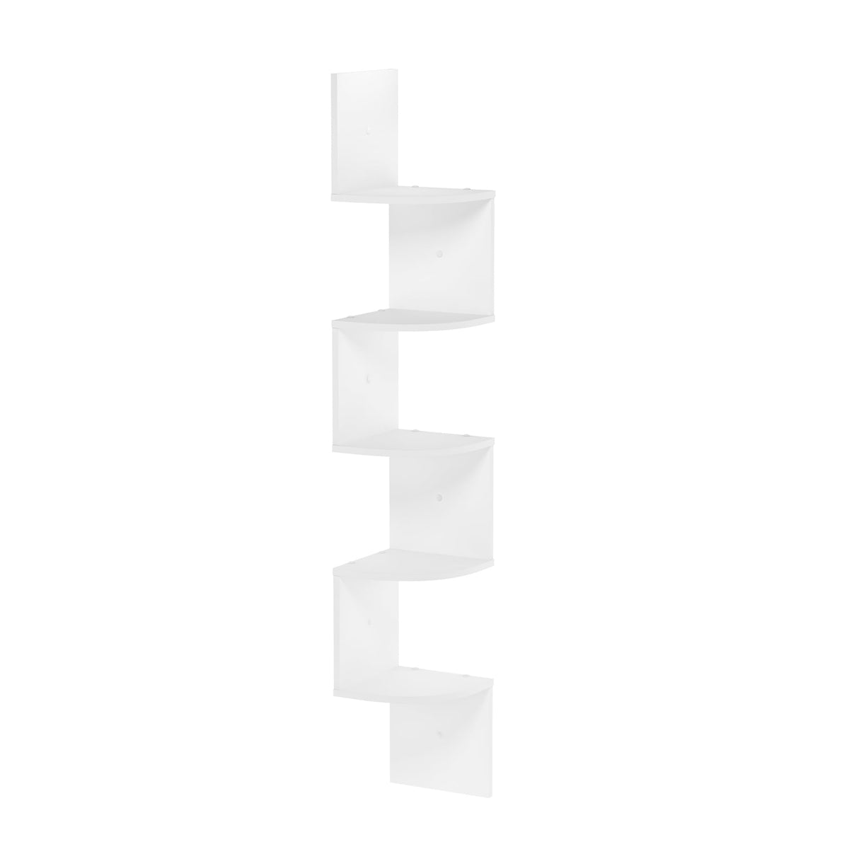 Furinno Rossi white 5-tier shelf front view showing compact corner storage.