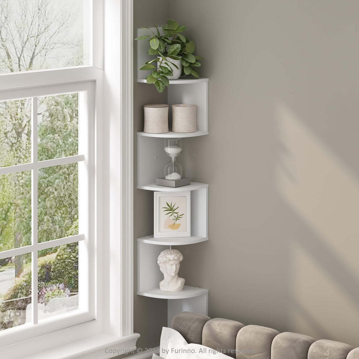 Furinno Rossi five-tier corner shelf white displaying organized books and decor.