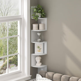 Furinno Rossi five-tier corner shelf white displaying organized books and decor.