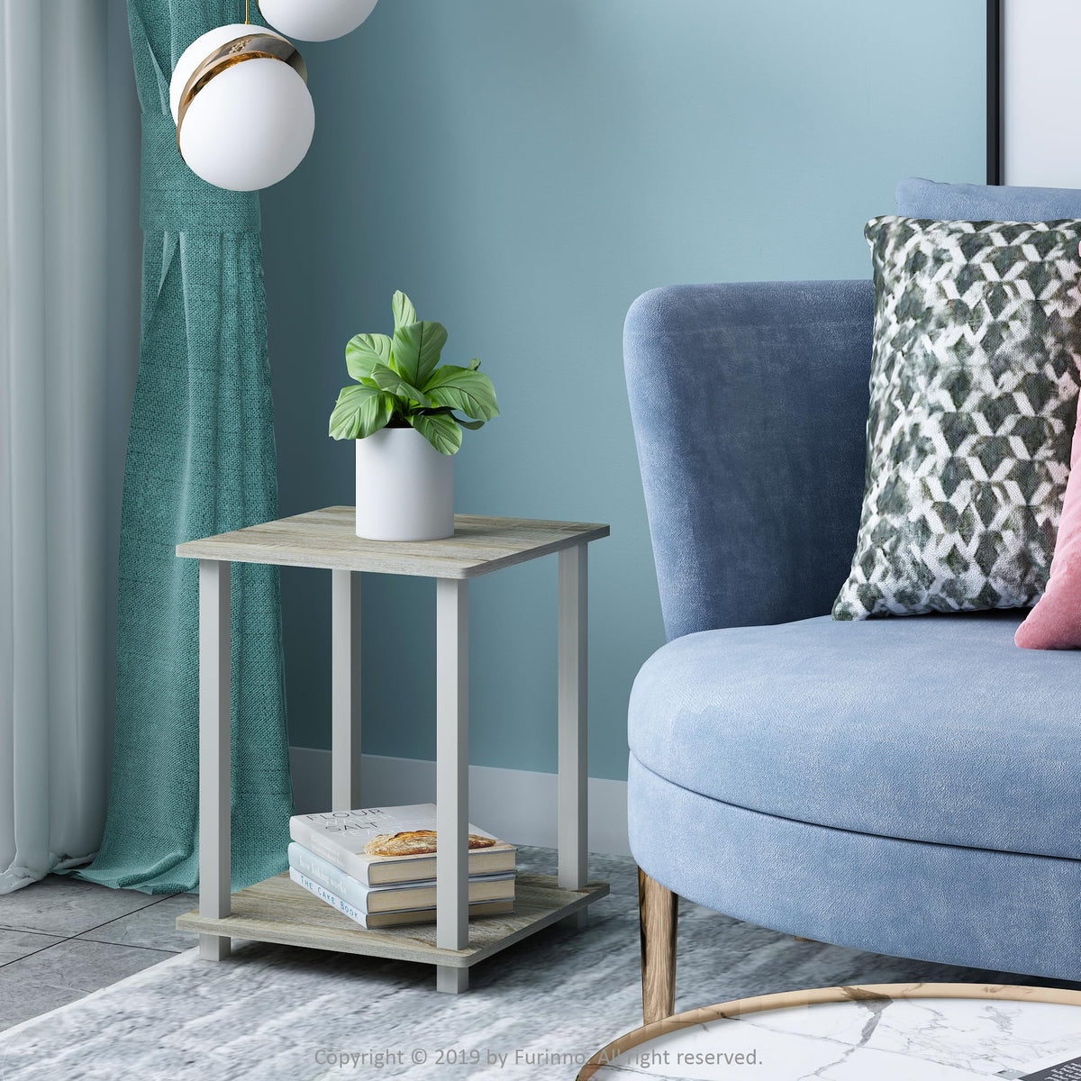 Furinno Simplistic 2-tier square end table offers extra surface and storage.