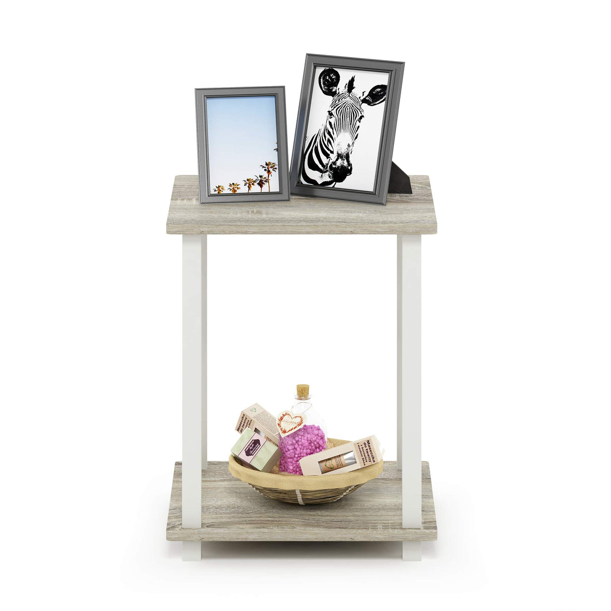 Furinno Simplistic lower shelf ideal for books and remotes.