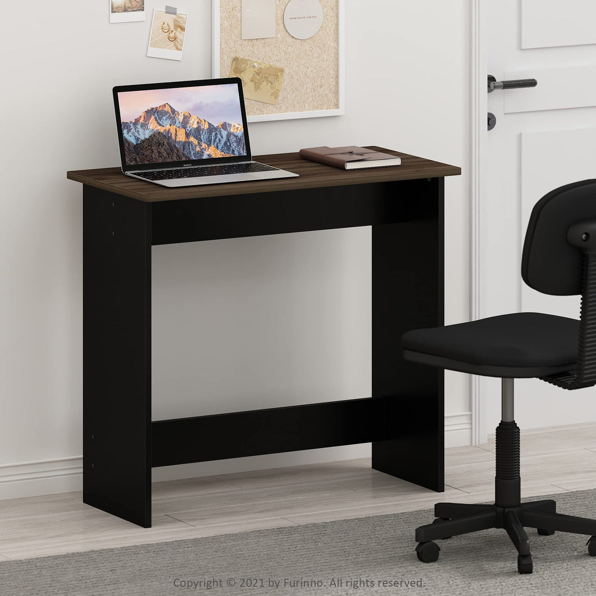Furinno Simplistic Study Table in Columbia Walnut, side view showing slim profile for small rooms