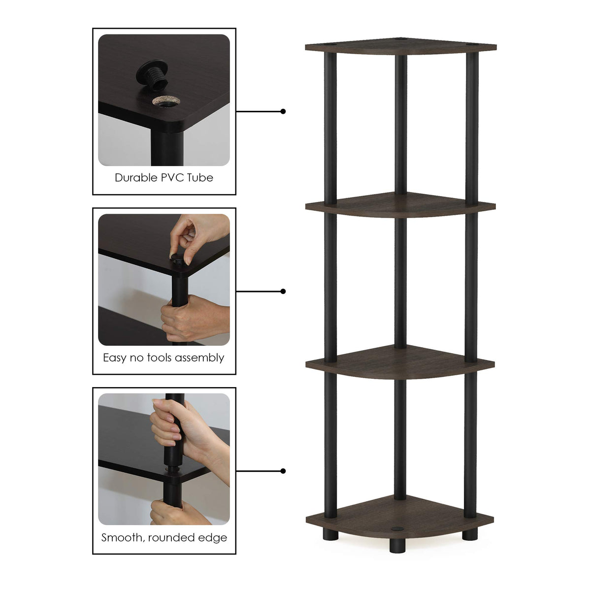 Corner bookshelf for tight living room spaces and clutter reduction
