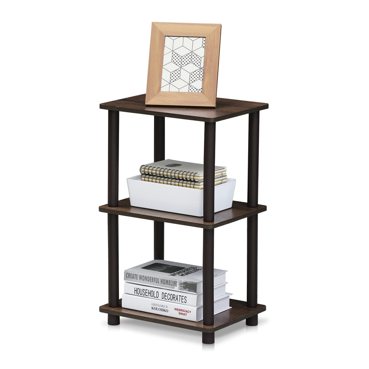 FURINNO Turn-N-Tube 2 Space Shelf in walnut brown showing compact storage use