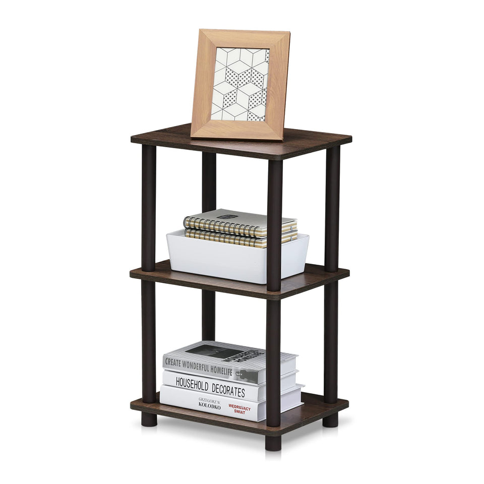 FURINNO Turn-N-Tube 2 Space Shelf in walnut brown showing compact storage use