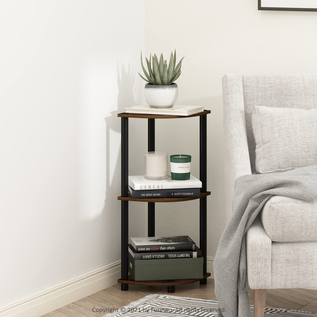 Furinno Turn-N-Tube 3-tier open shelves display books and decor in living spaces.