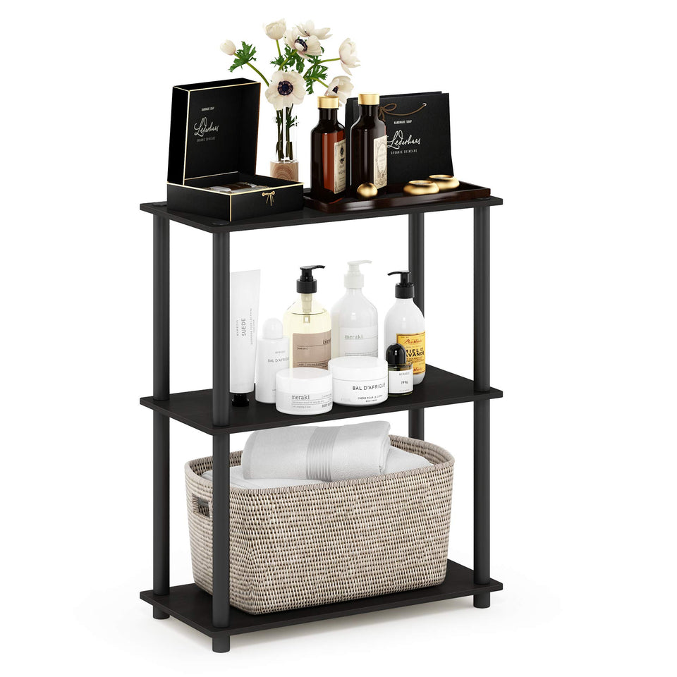 Furinno Turn-N-Tube 3-tier espresso shelf with easy assembly for compact spaces.