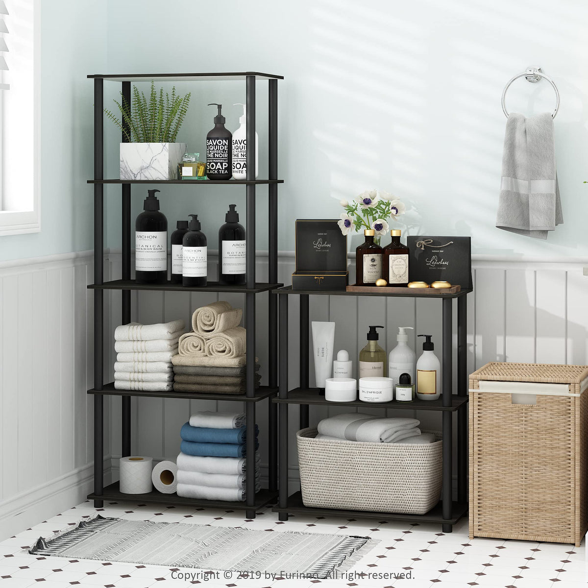 Espresso 3-tier display shelf by Furinno for plants, photos, and daily essentials.