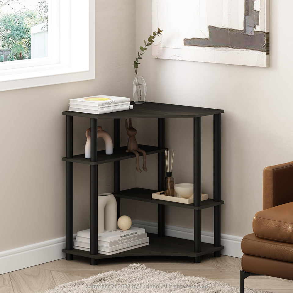 Furinno Turn-N-Tube 4-tier corner shelf espresso front view for space-saving storage