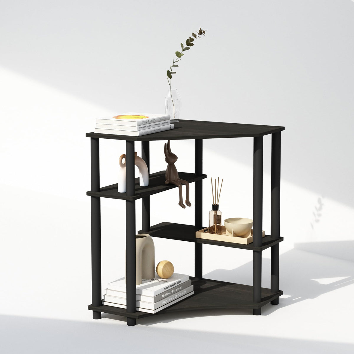 Furinno Turn-N-Tube espresso living room setup showing versatile display
