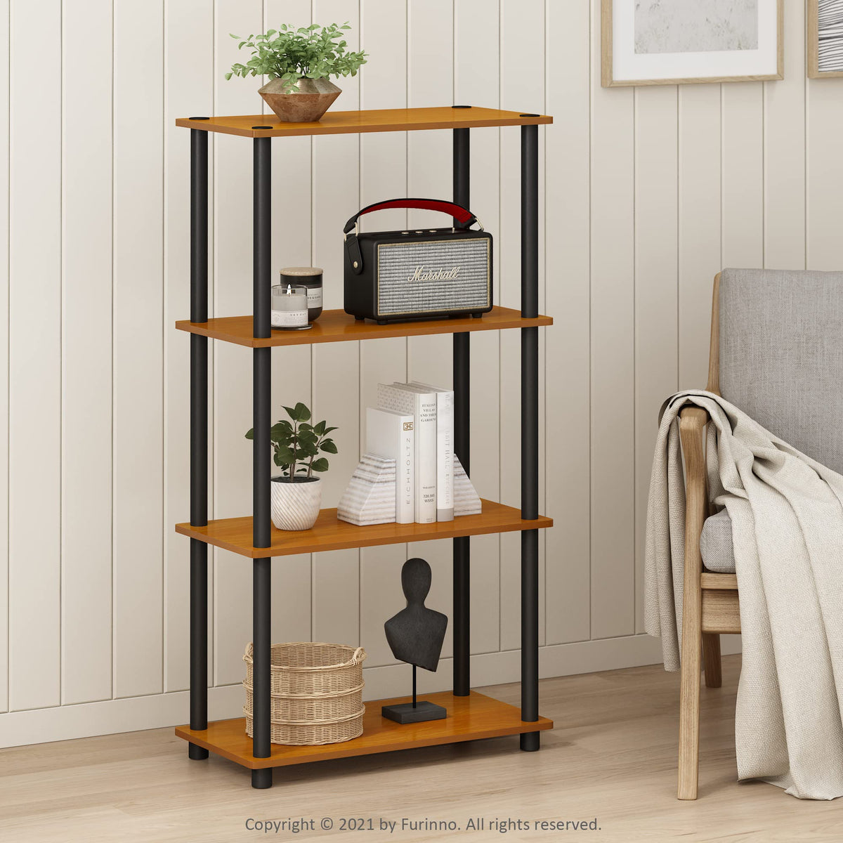 Furinno Turn-N-Tube 4-Tier Shelf Black complements modern rooms while keeping essentials visible