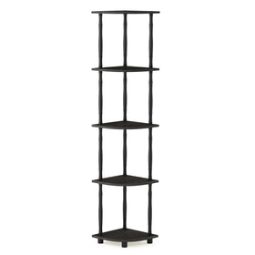 Furinno Turn-N-Tube 5-tier corner rack in espresso-black, ideal for compact living room display.