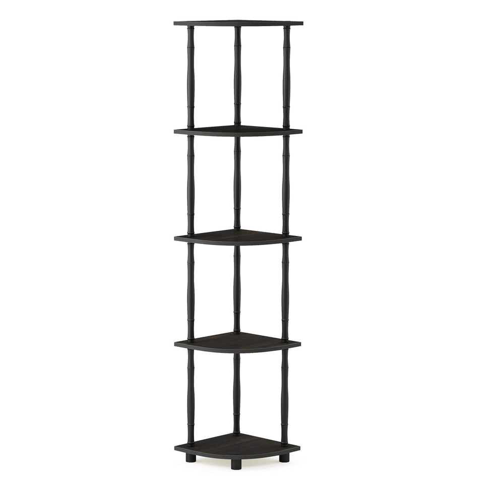 Furinno Turn-N-Tube 5-tier corner rack in espresso-black, ideal for compact living room display.