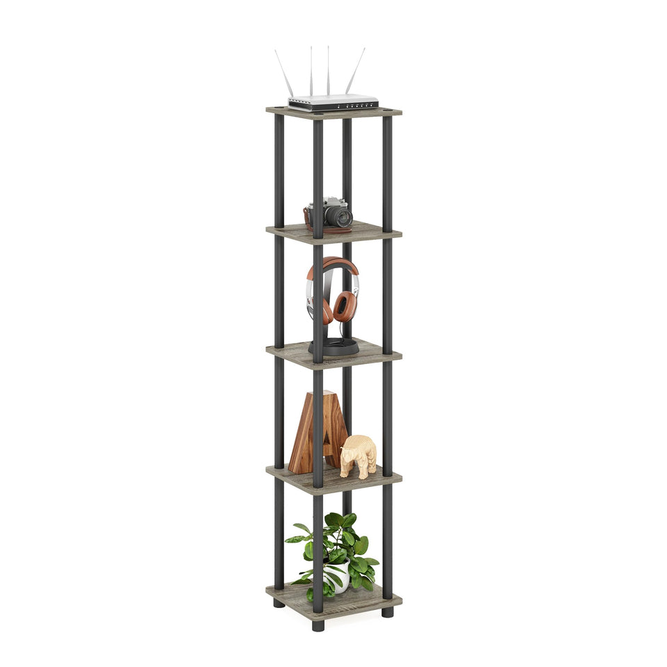 FURINNO Turn-N-Tube 5-tier corner rack in round French Oak Grey/Black for compact storage.