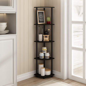 Five-tier Furinno Turn-N-Tube shelves display books and decor in a compact footprint.
