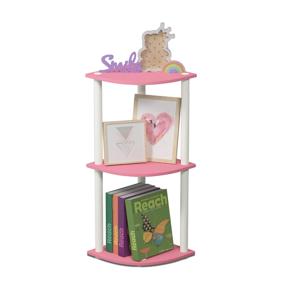 Furinno Turn-N-Tube pink corner shelf showcases space-saving 3-tier design for living rooms.