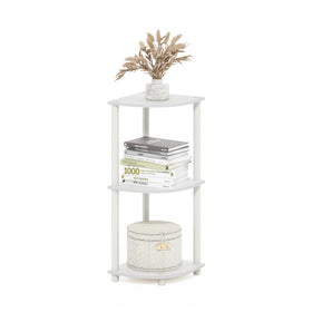 Furinno Turn-N-Tube 3-tier corner shelf displaying decor and books