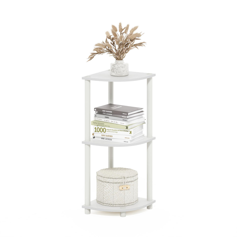 Furinno Turn-N-Tube 3-tier corner shelf displaying decor and books