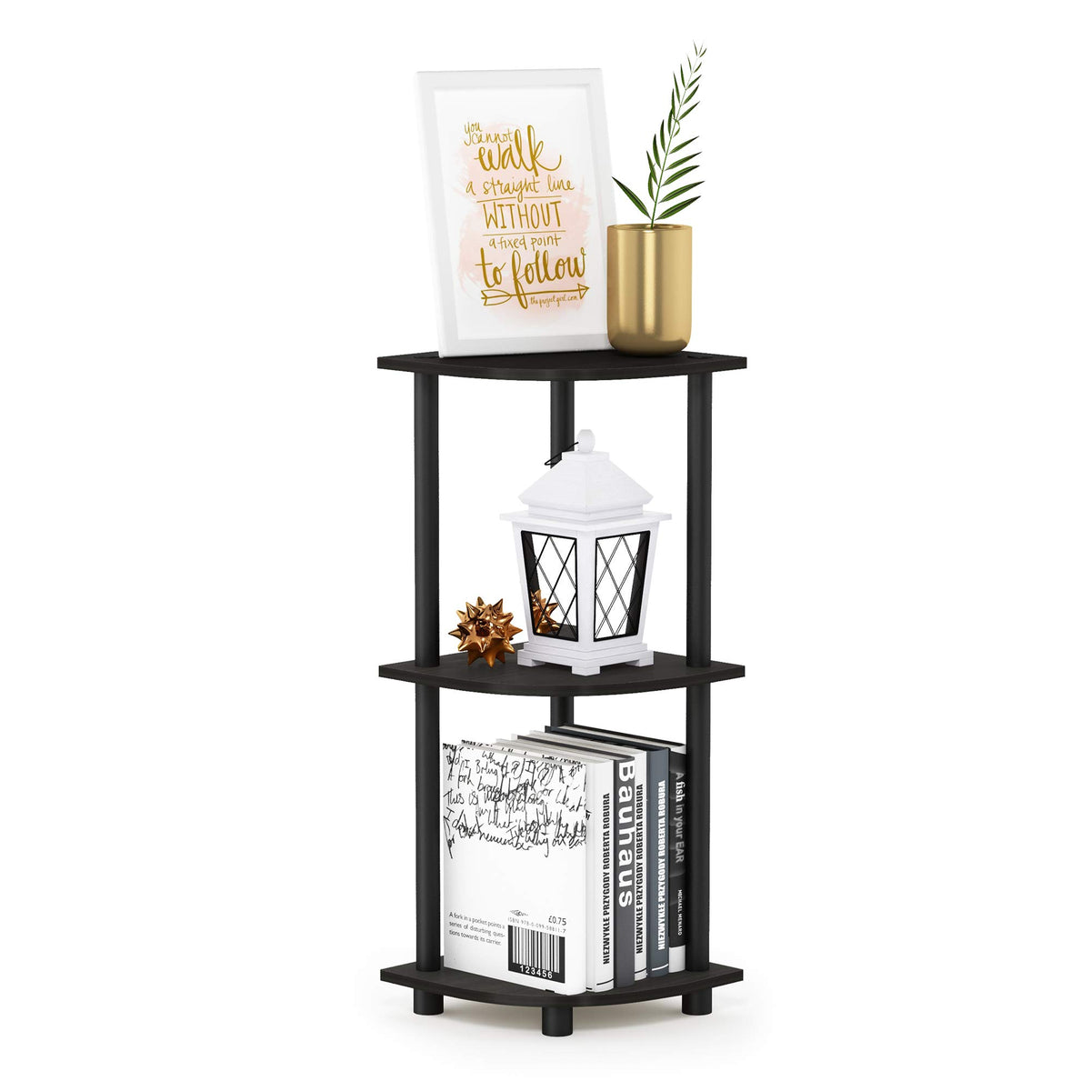 Furinno Turn-N-Tube corner shelf with 3 tier design for compact spaces.