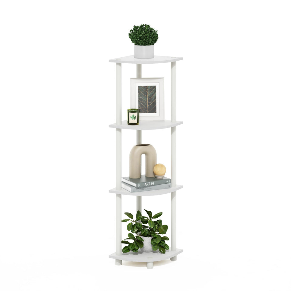 Furinno Turn-N-Tube corner shelf with four open tiers for space-saving storage.
