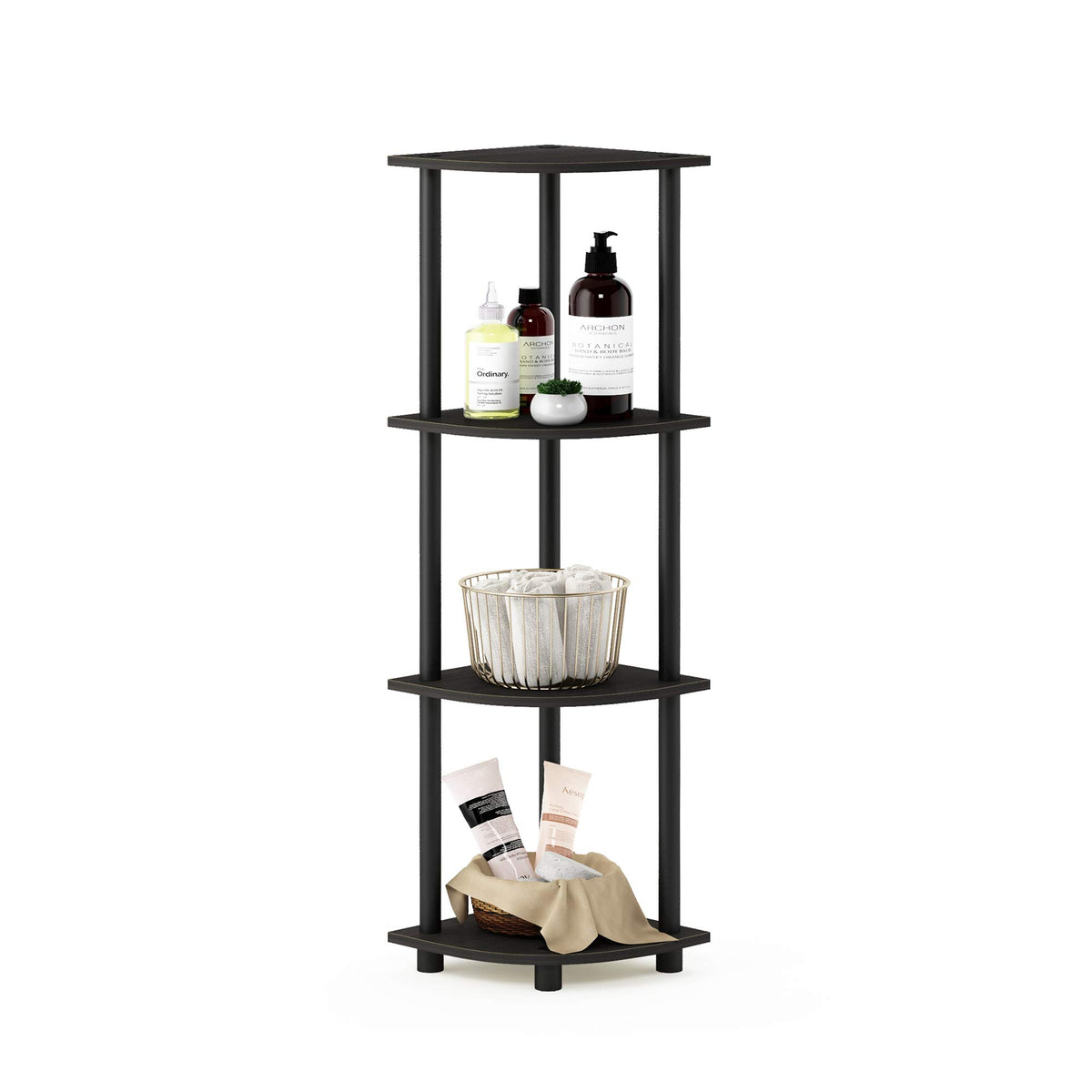 Furinno Turn-N-Tube corner shelf with four open tiers for compact living room storage