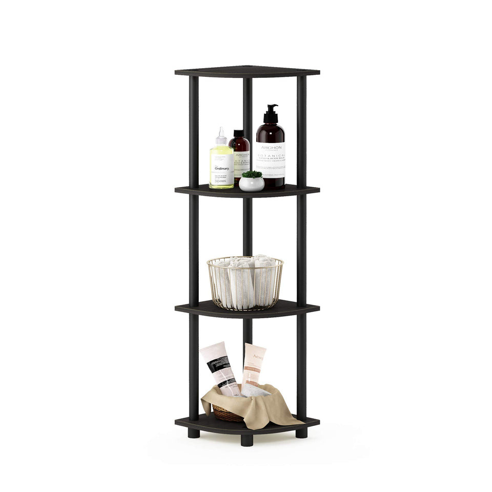 Furinno Turn-N-Tube corner shelf with four open tiers for compact living room storage