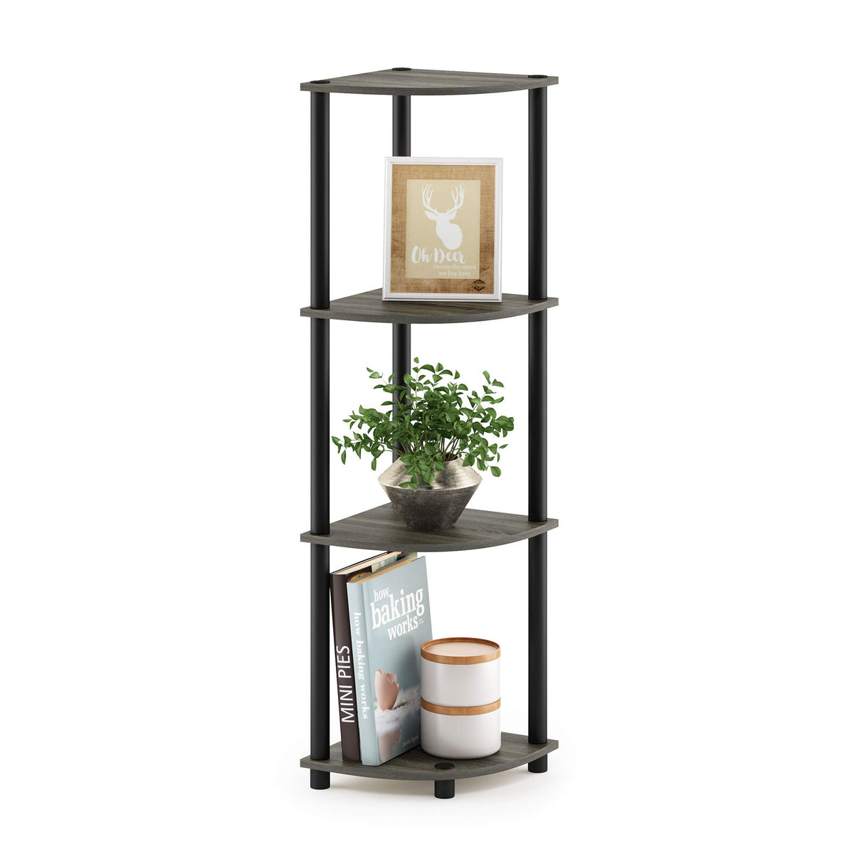 Furinno Turn-N-Tube corner shelf with a slim 4-tier corner display for compact spaces.