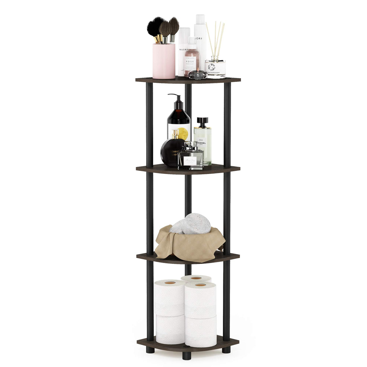 Furinno Turn-N-Tube corner shelf 4-tier in dark brown grain for space-saving storage