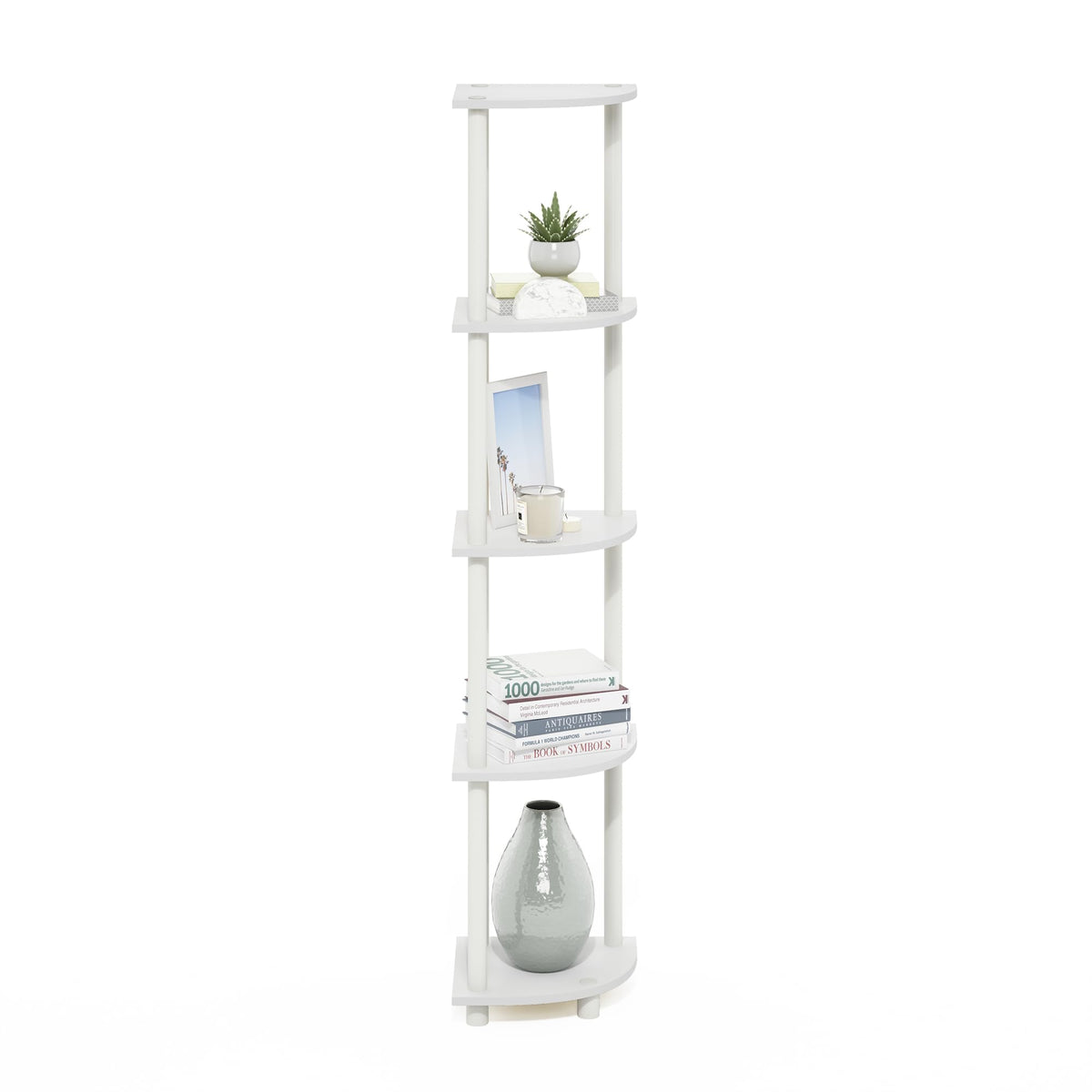 Furinno Turn-N-Tube corner shelf with dimensions guide shows compact footprint