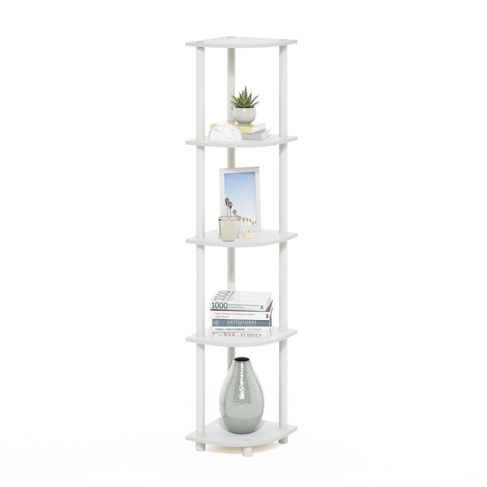 Furinno Turn-N-Tube corner shelf front view shows space-saving design for small rooms