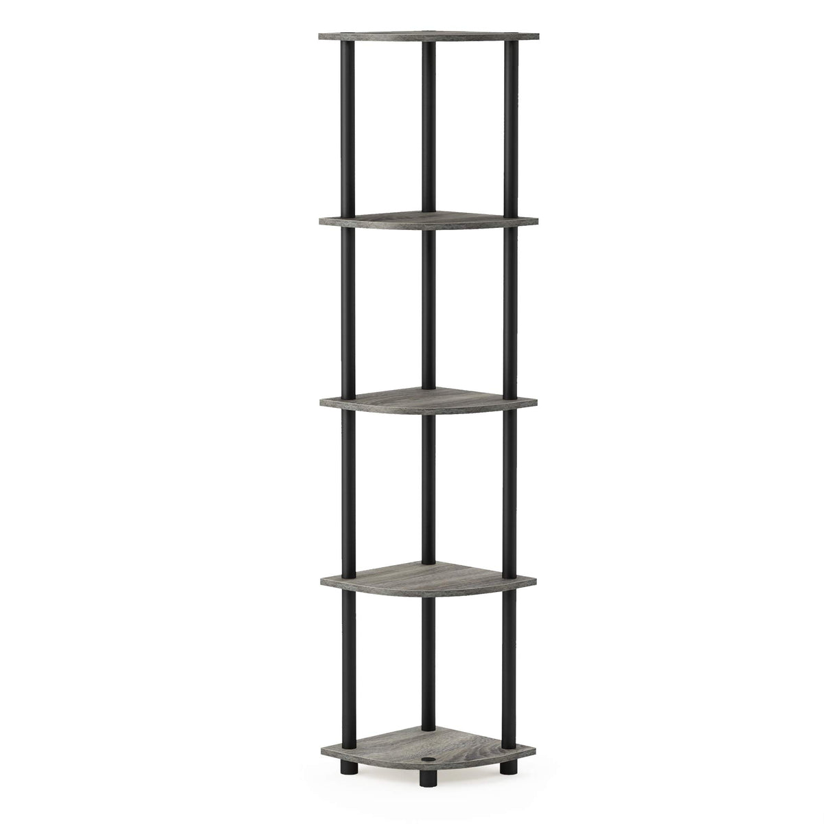Furinno Turn-N-Tube corner shelf front view shows space-saving 5-tier storage