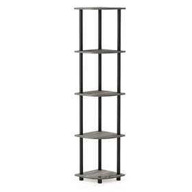 Furinno Turn-N-Tube corner shelf front view shows space-saving 5-tier storage
