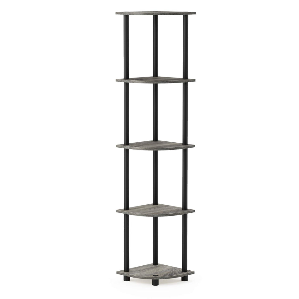 Furinno Turn-N-Tube corner shelf front view shows space-saving 5-tier storage