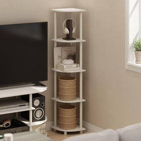 Furinno Turn-N-Tube corner shelf placed in corner demonstrates efficient use of space