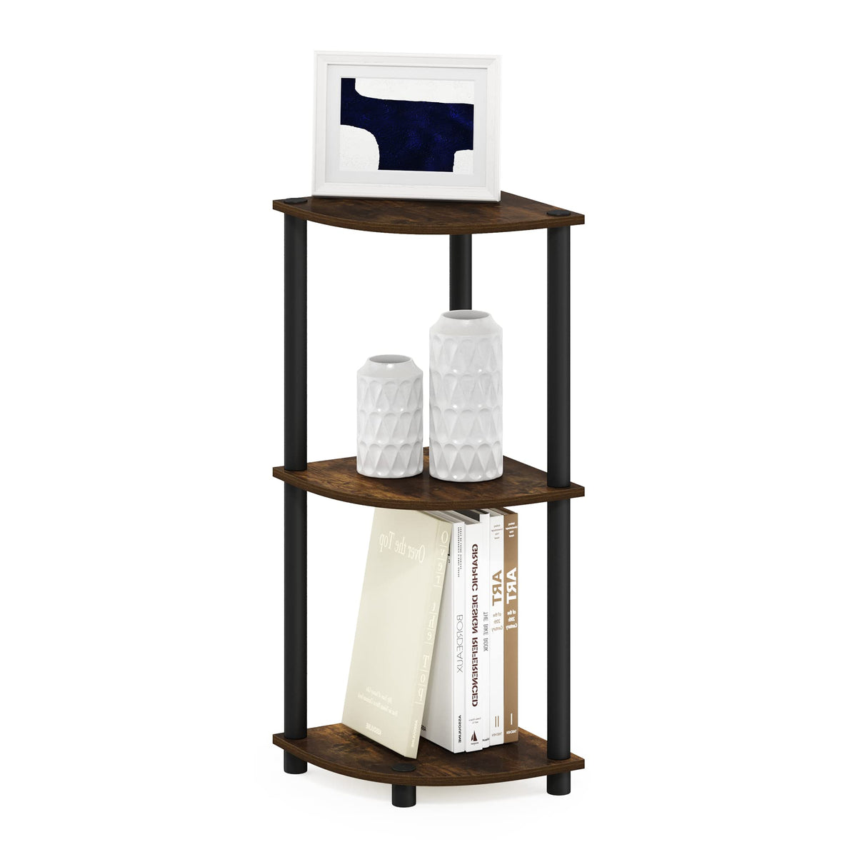 Furinno Turn-N-Tube corner shelf in amber pine adds compact storage in tight spaces.