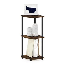 Furinno Turn-N-Tube corner shelf in amber pine adds compact storage in tight spaces.