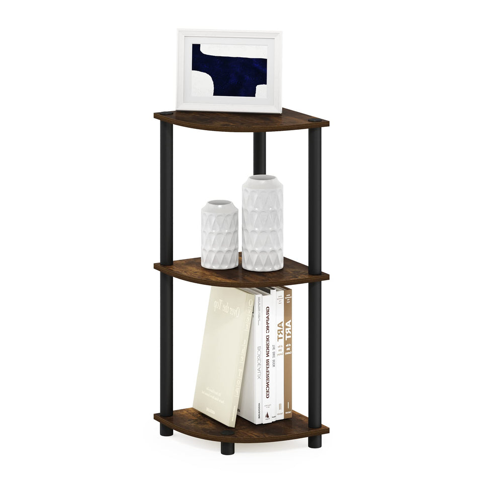 Furinno Turn-N-Tube corner shelf in amber pine adds compact storage in tight spaces.
