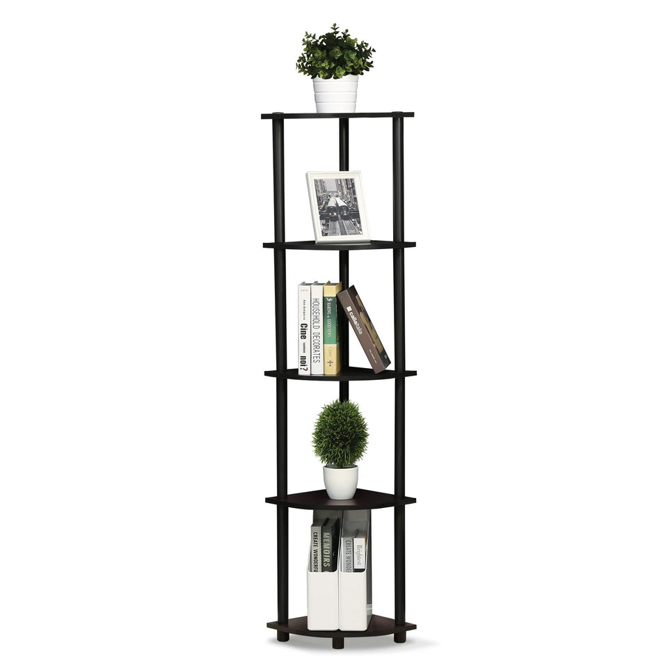 Furinno Turn-N-Tube corner shelf in a living room, maximizing corner storage.