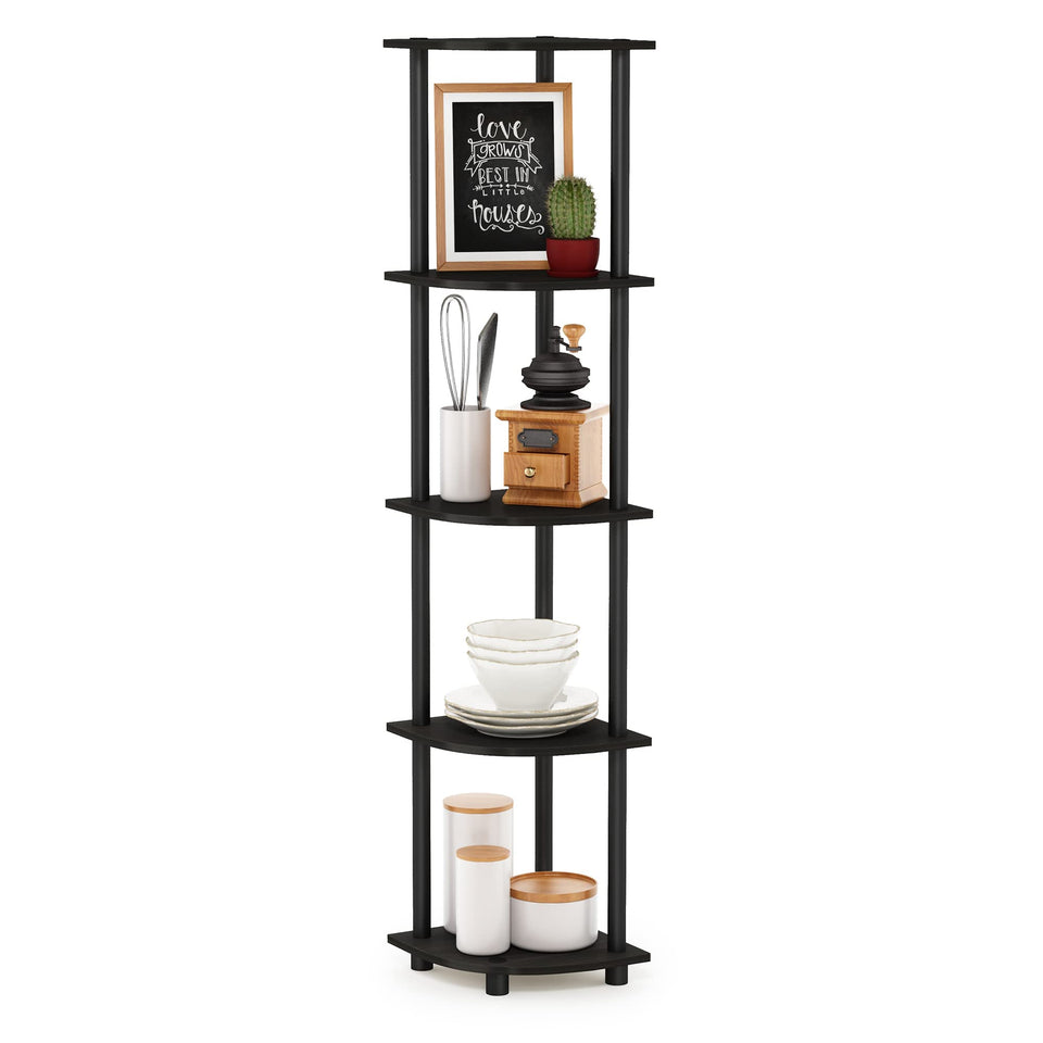 Furinno Turn-N-Tube corner shelf assembly demonstrates quick tool-free setup.